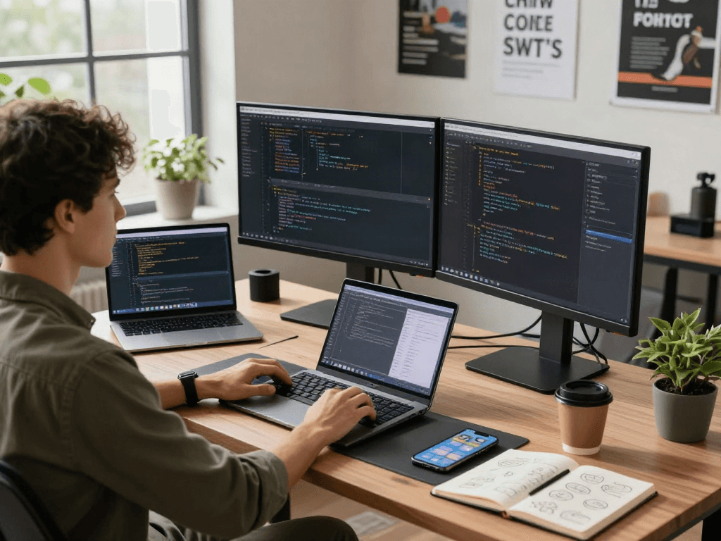 Développeur utilisant Atlas pro dans un espace de travail technologique moderne avec des ordinateurs et des plantes.