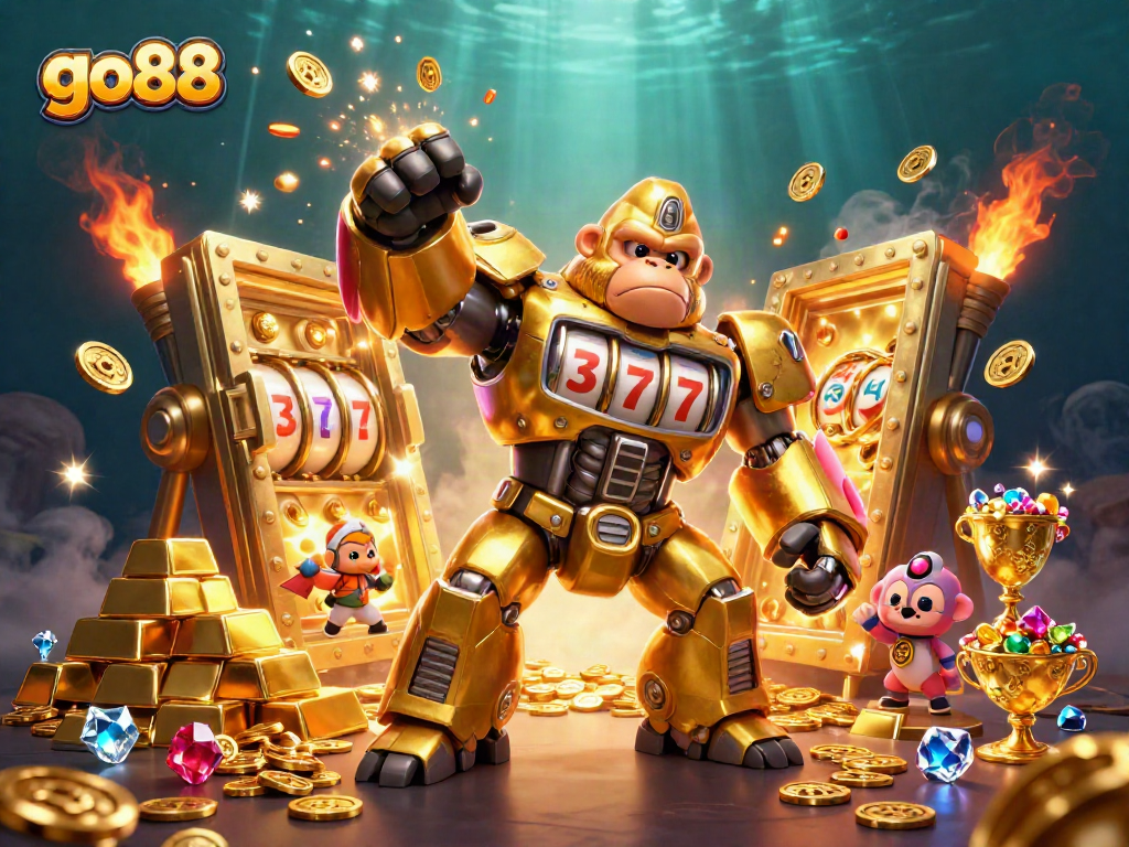 Engage with the exciting world of go88, featuring a golden gorilla mech amidst treasures and dynamic casino elements.