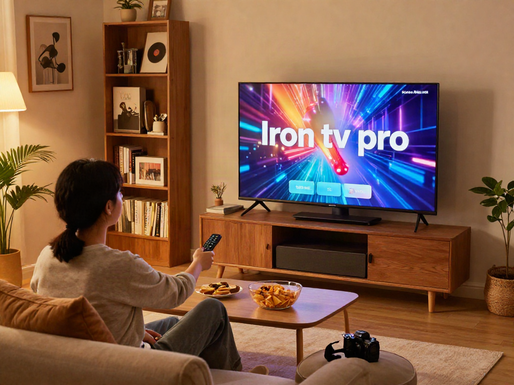 Personne appréciant un film sur Iron tv pro dans un salon confortable et moderne.