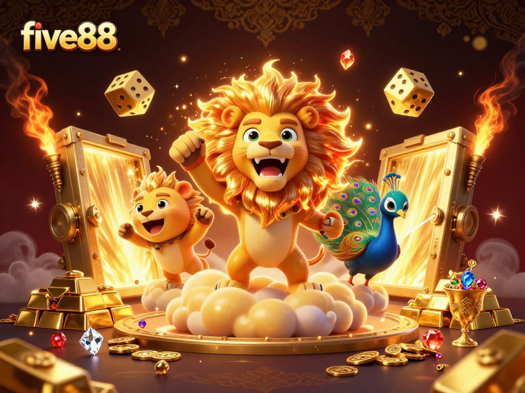Experience the thrilling five88 casino with vibrant treasures and dynamic elements in this captivating 3D illustration.
