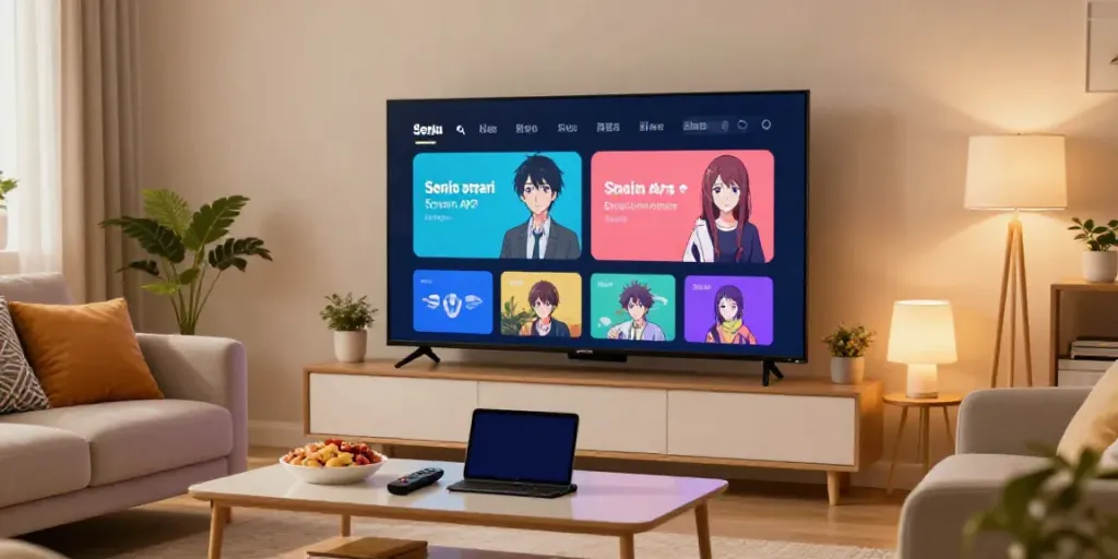 Configuration de salon moderne avec Senpai Stream APK Pour TV visible sur un téléviseur, ambiance chaleureuse.