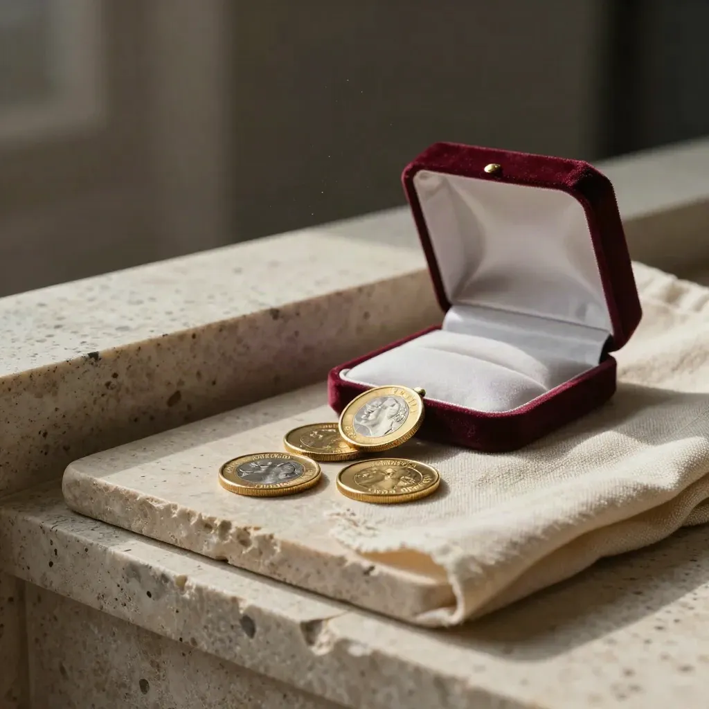 Trois pièces d’or avec coffret ouvert, lin ivoire et accent bordeaux sur pierre.
