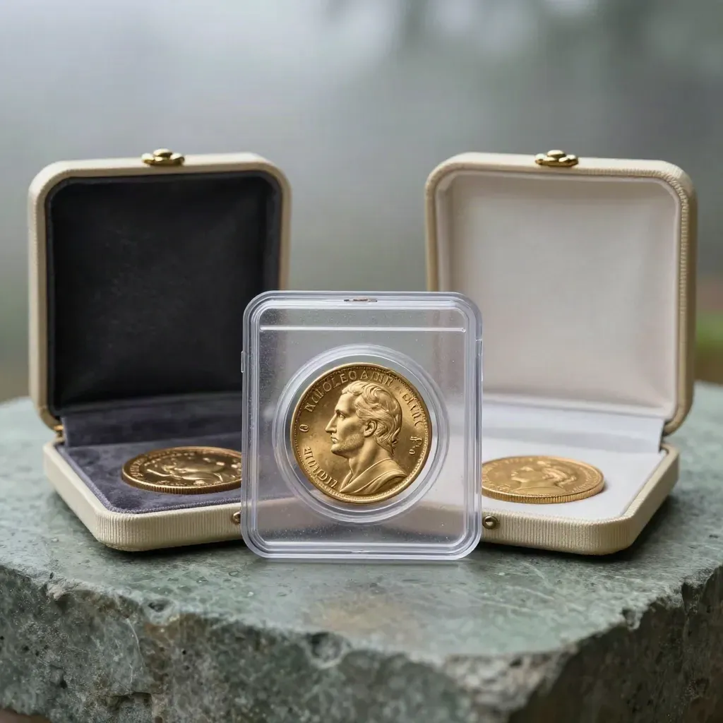 Pièce d’or Napoléon sous capsule avec deux autres pièces et écrin en velours