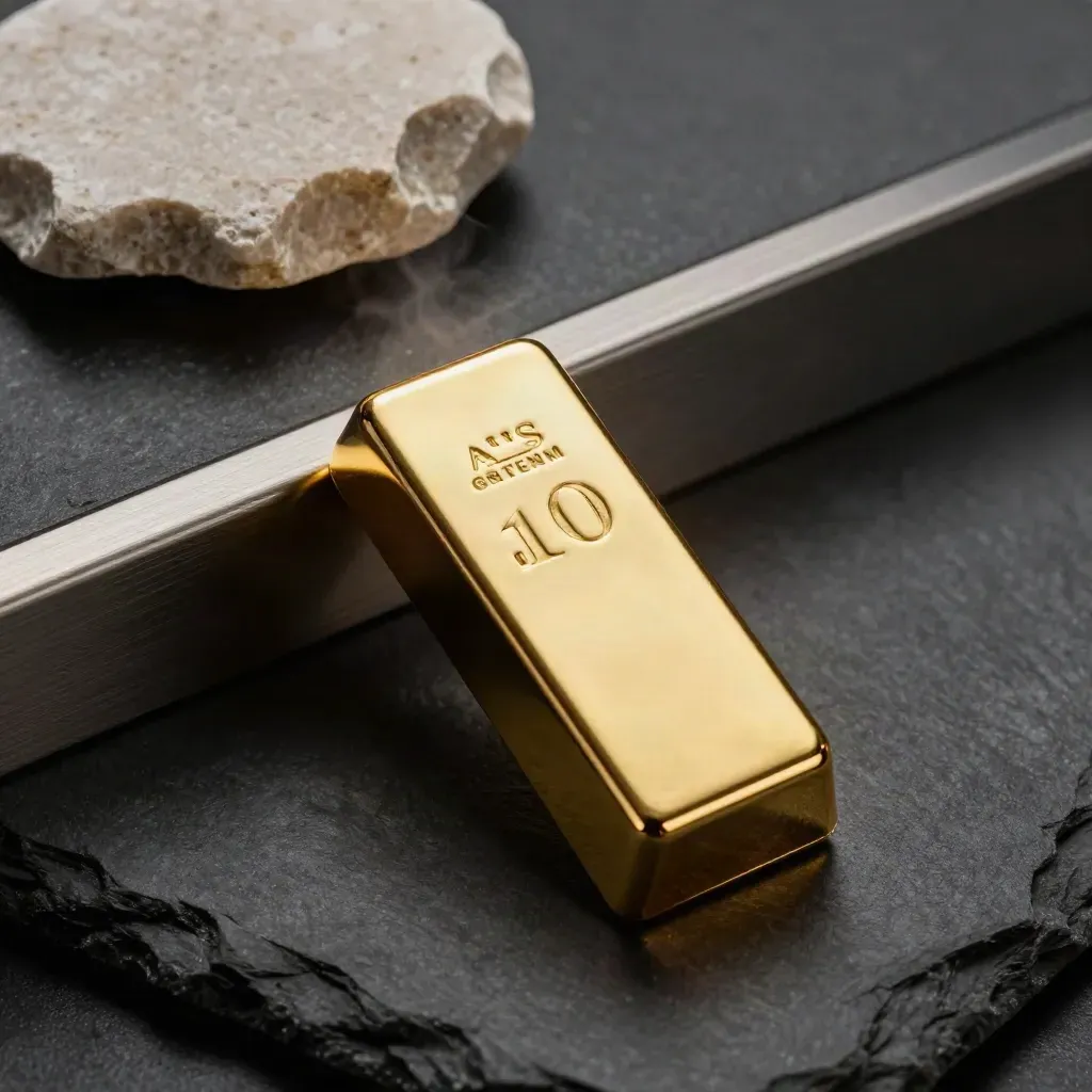 Lingot d’or scellé en macro sur ardoise charbon, avec reflet acier et éclat de pierre claire.