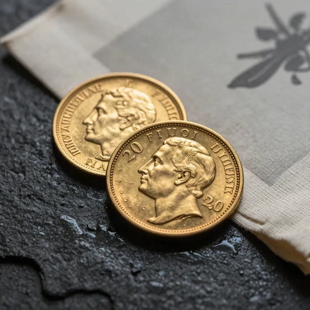 Deux pièces d’or Napoléon sur basalte humide, anneau d’eau et linge plié.