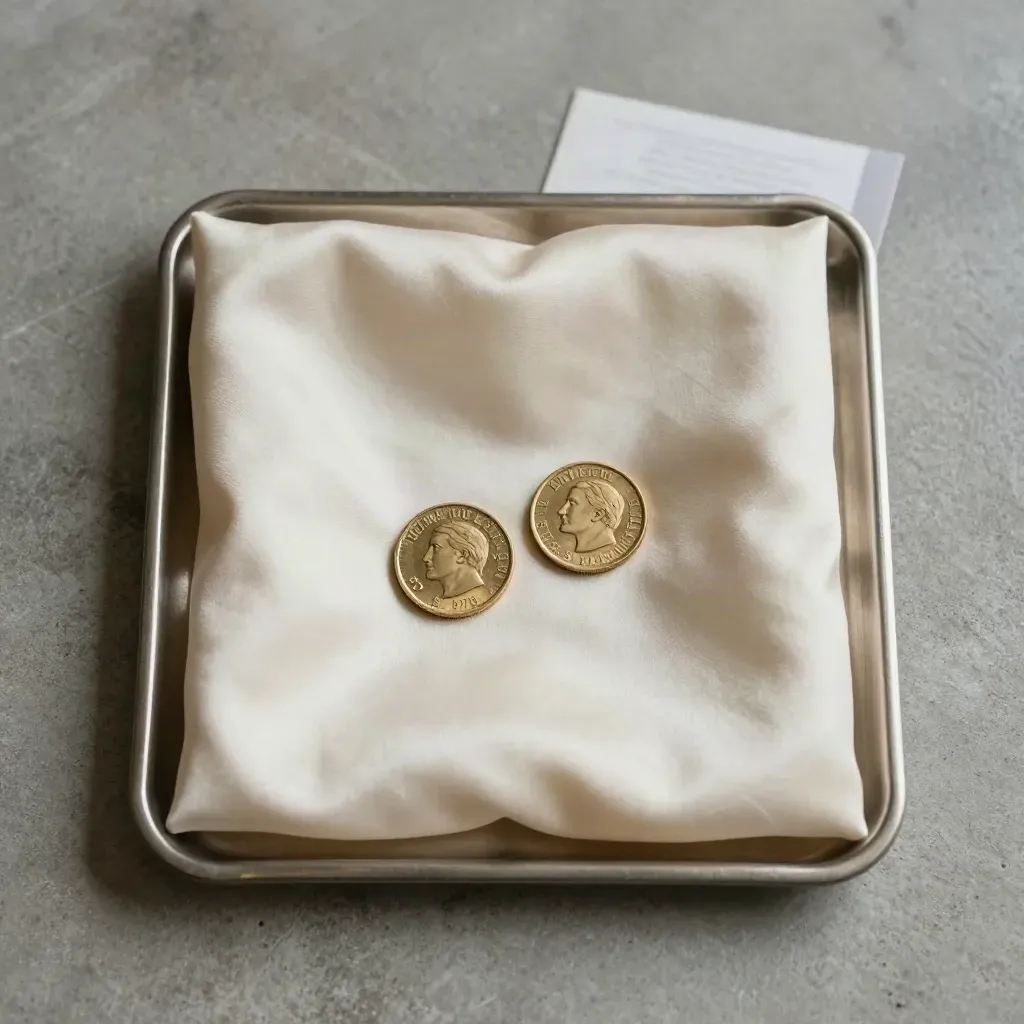 Vue du dessus d’une pièce Semeuse 50 Francs 1979 dans de la soie ivoire, avec une seconde pièce.