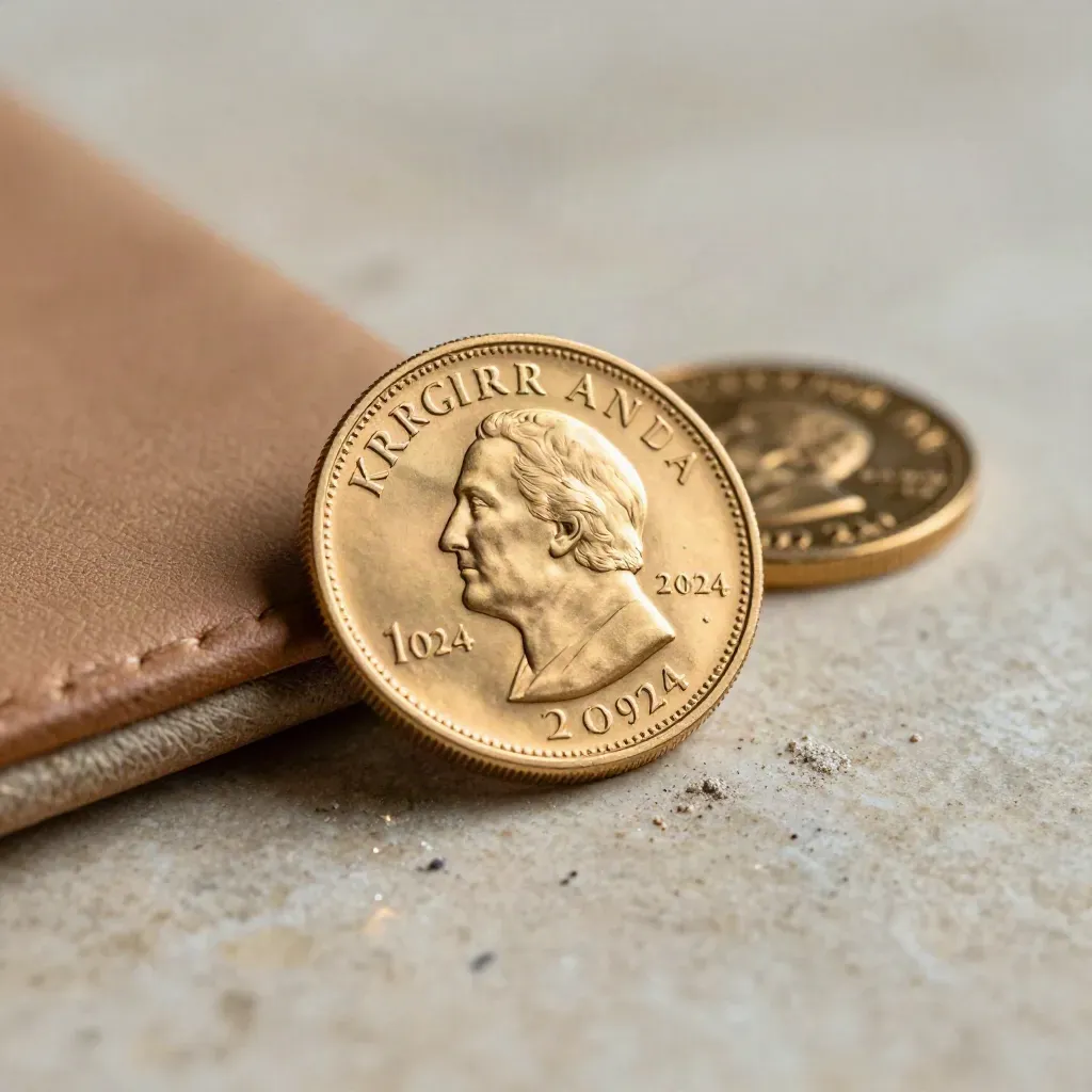 Gros plan d’une pièce Krugerrand en or sur calcaire clair avec cuir et poussière minérale.