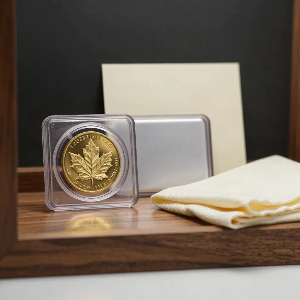 Pièce d’or sous capsule, coffret et tissu ivoire sur étagère de noyer.