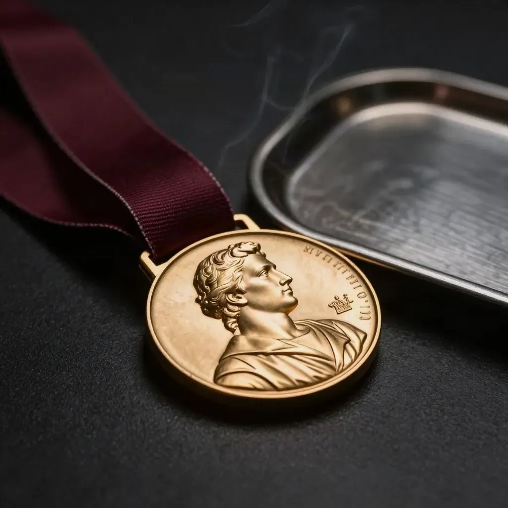 Médaille commémorative dorée sur socle de pierre, collerette de velours sombre et ruban bordeaux.