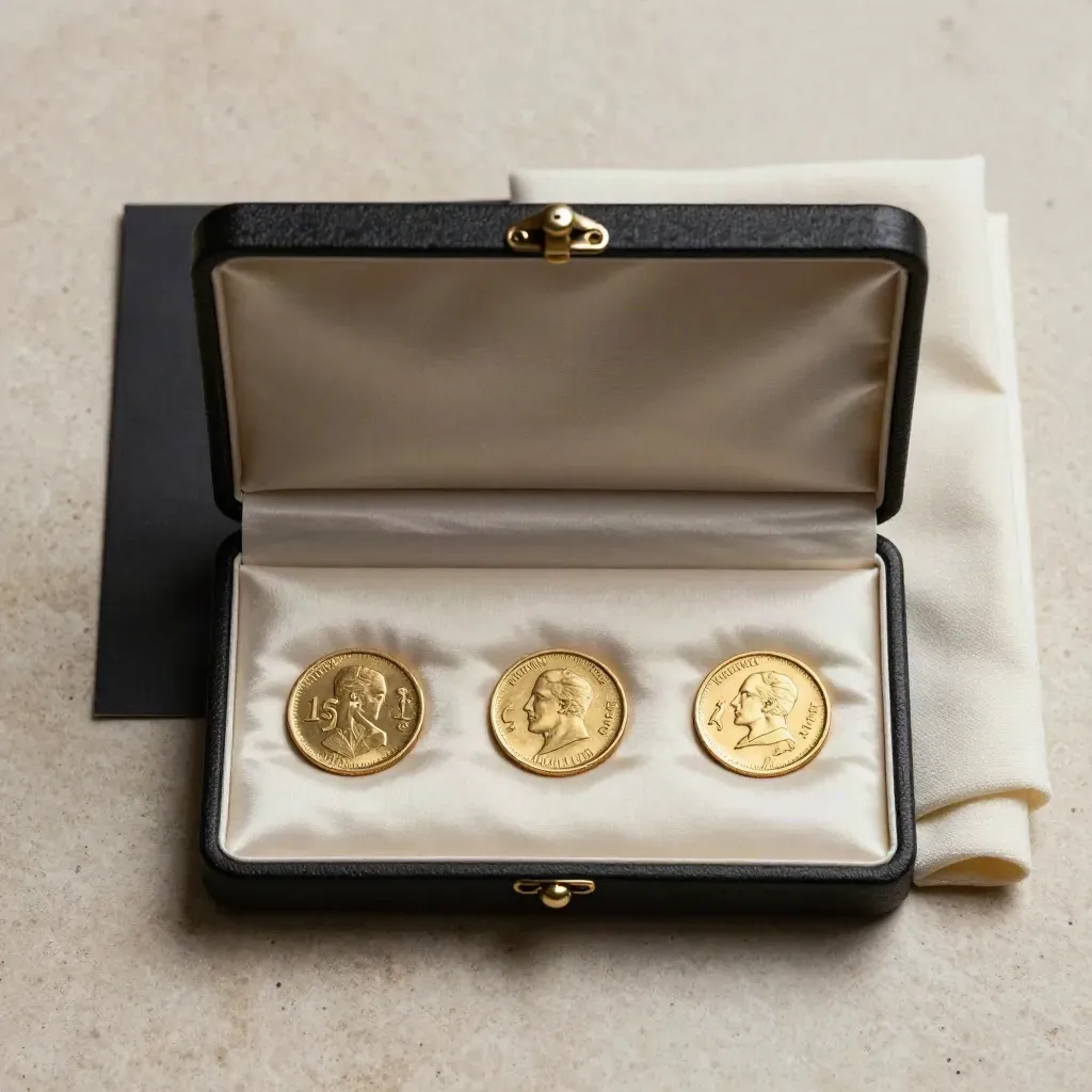 Coffret ouvert avec trois pièces d’or alignées sur satin, vue du dessus.