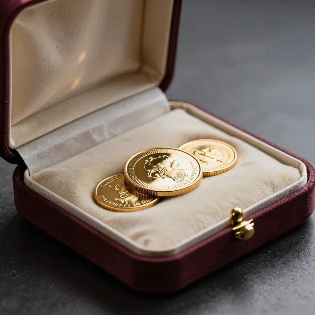Coffret de trois pièces d’or sur soie ivoire, pierre brute et accent bordeaux, lumière dramatique.