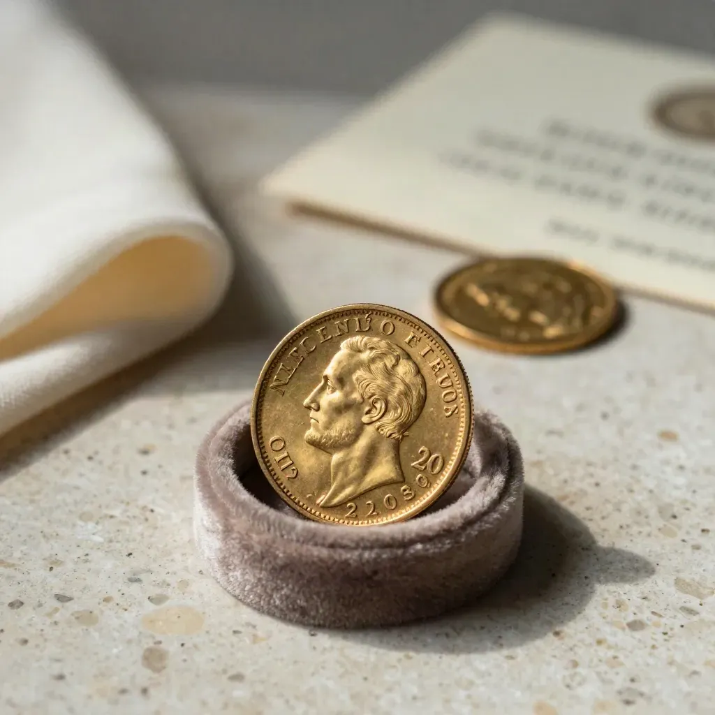 Pièce d’or Napoléon sur travertin, anneau de velours, second flou, lumière douce.