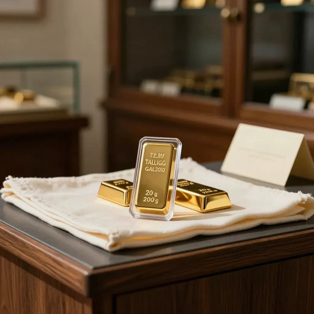 Lingot d’or scellé avec deux barres, tissu clair et fond élégant en vitrine.