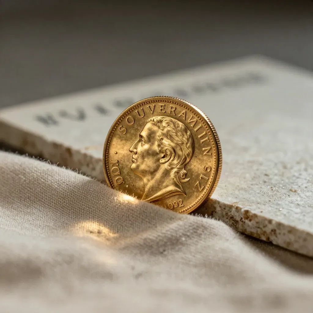 Macro d’une pièce souverain en or dans une capsule, sur pierre claire avec drapé ivoire et poussière fine.
