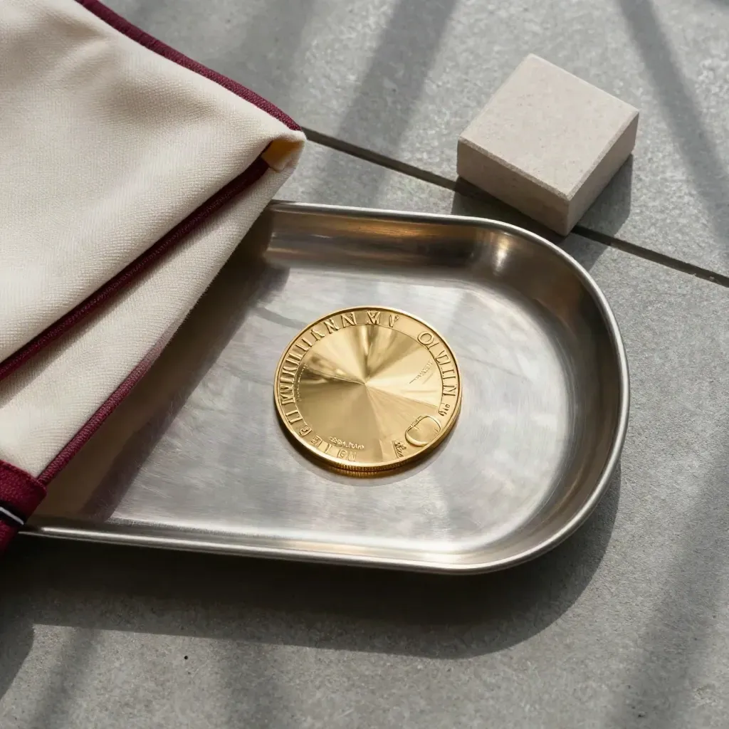 Médaille dorée sur plateau métal brossé, avec tissu plié et bloc de pierre sur béton.