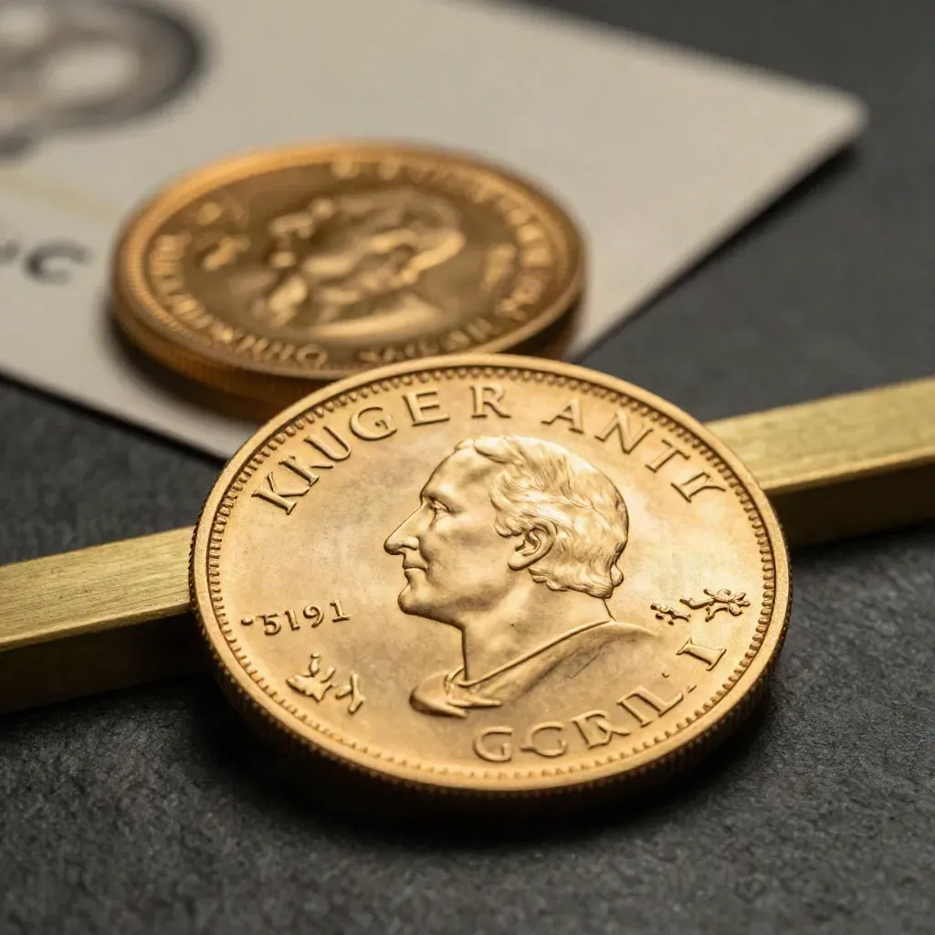 Gros plan dramatique d’une pièce d’or Krugerrand sur ardoise sombre et laiton brun
