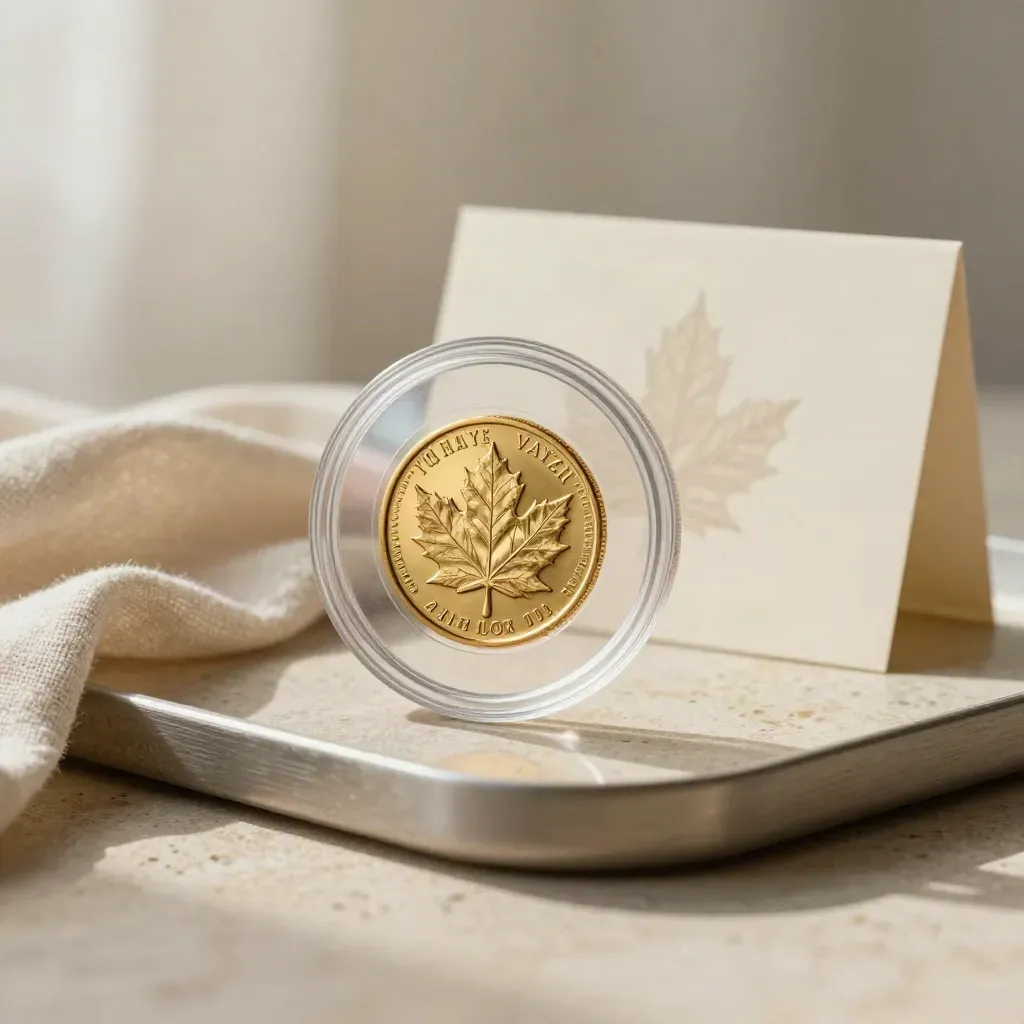 Pièce Maple Leaf sous capsule, disque de verre, lin pâle et plateau brossé, lumière douce.