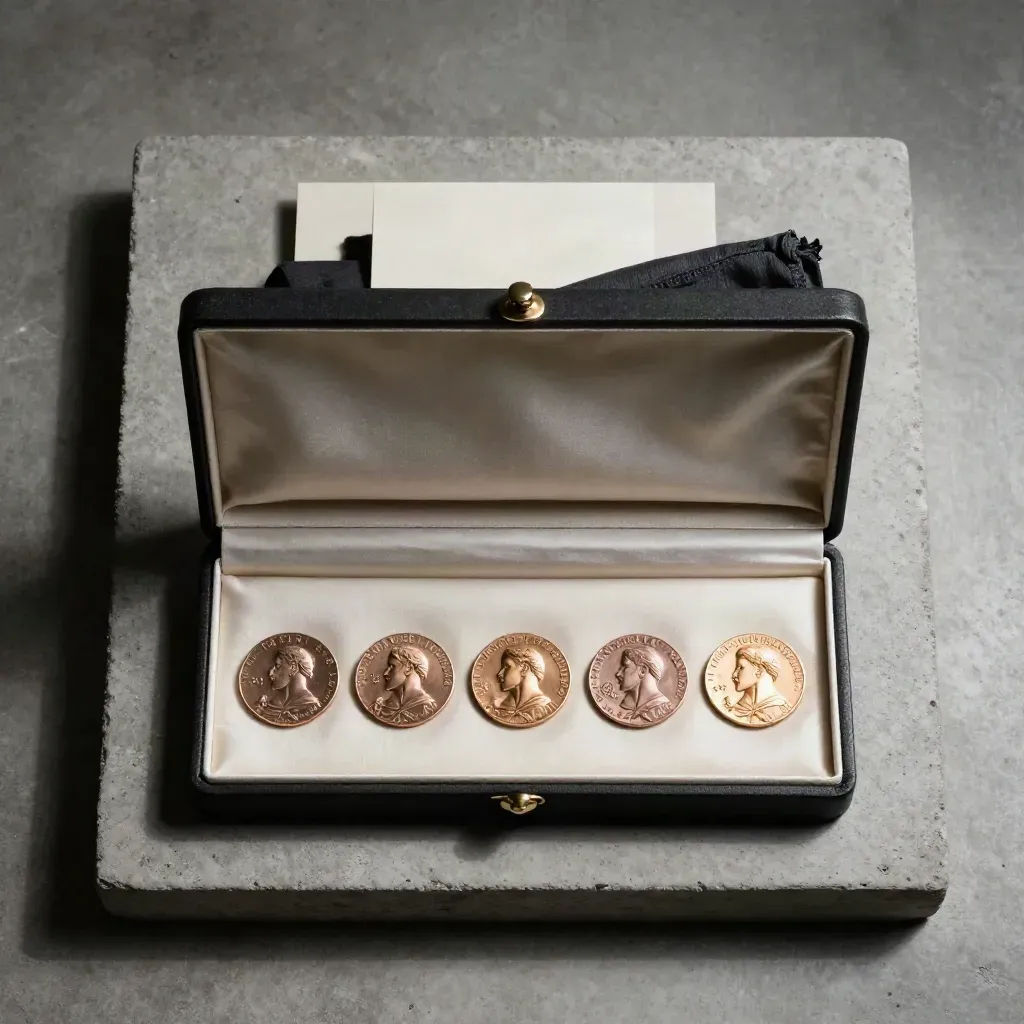 Coffret ouvert de cinq médailles françaises, tissu plié et satin sur dalle de béton.