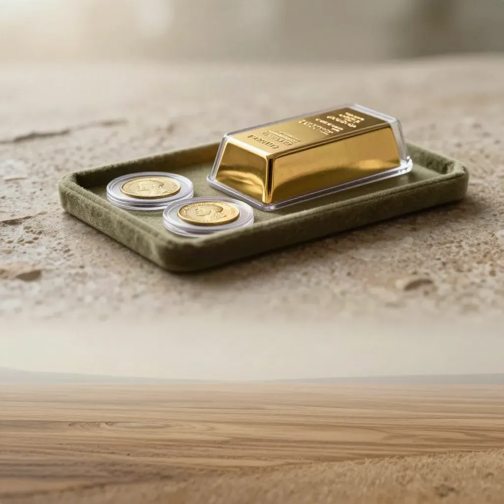 Lingot d’or scellé et pièces dans des capsules sur bois et pierre, lumière douce.