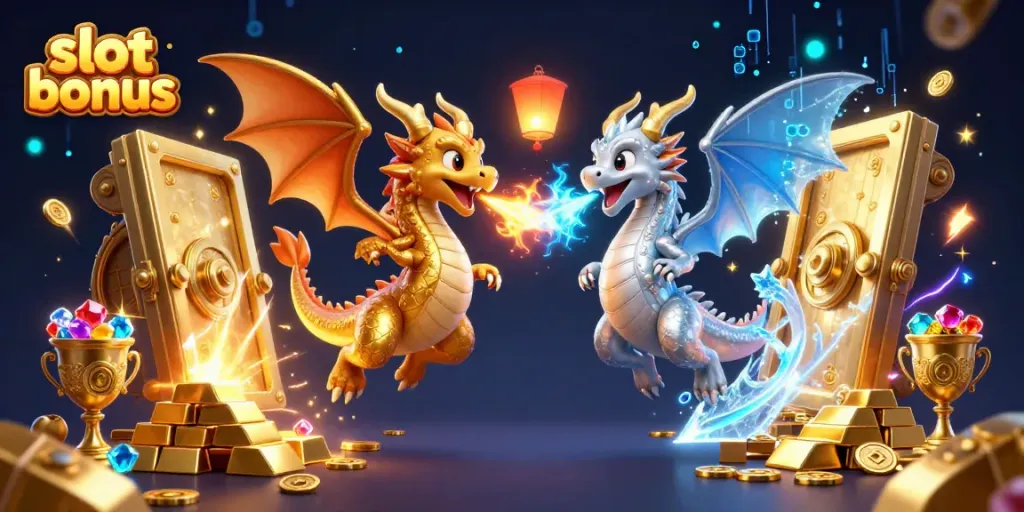 Experience excitement with a vibrant slot bonus scene featuring mystical dragons and treasure.