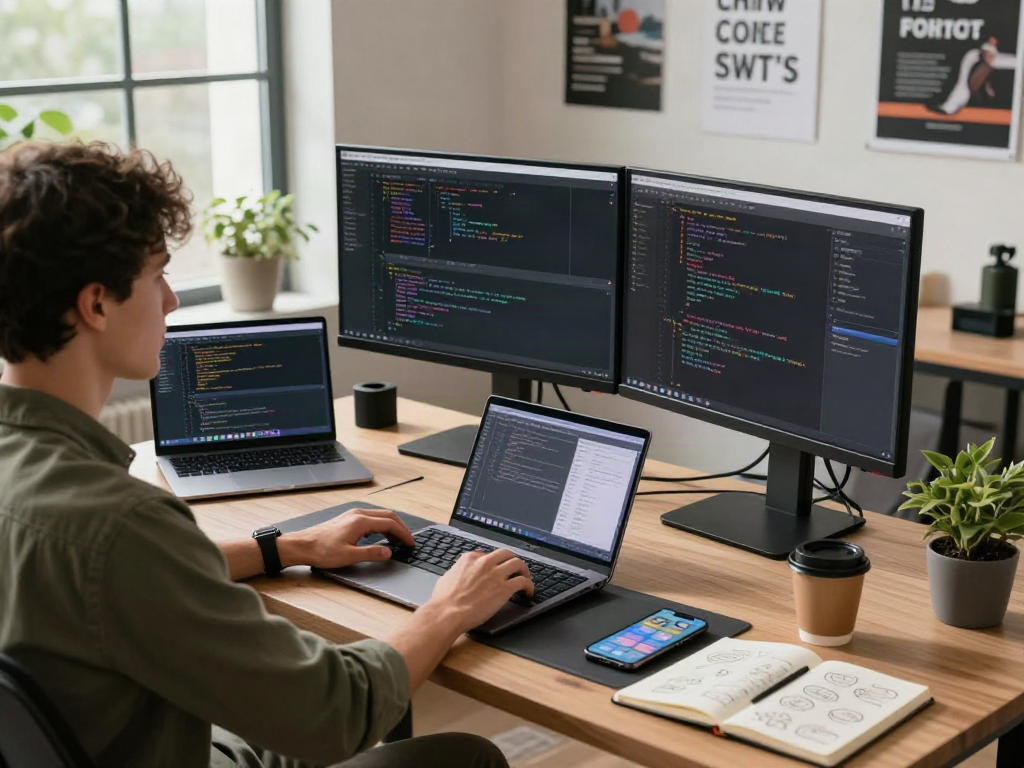 Développeur utilisant Atlas pro dans un espace de travail technologique moderne avec des ordinateurs et des plantes.