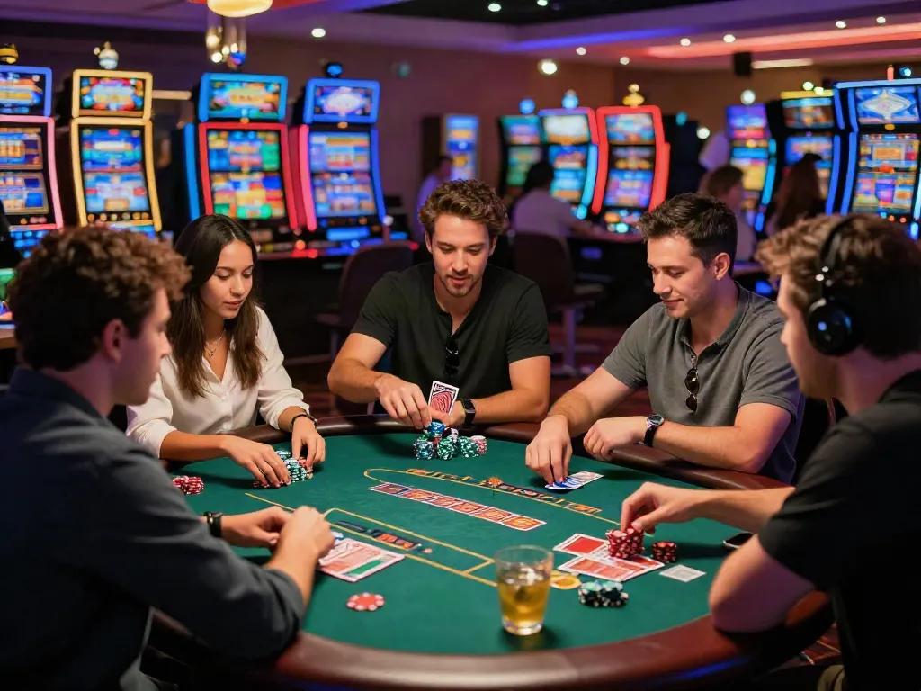 Scène de casino avec joueurs profitant d'un casino bonus sans dépôt, ambiance joyeuse et accueillante.