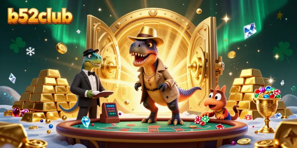 Card counting velociraptor at b52club blackjack table amidst gold treasures and gem sparkles.