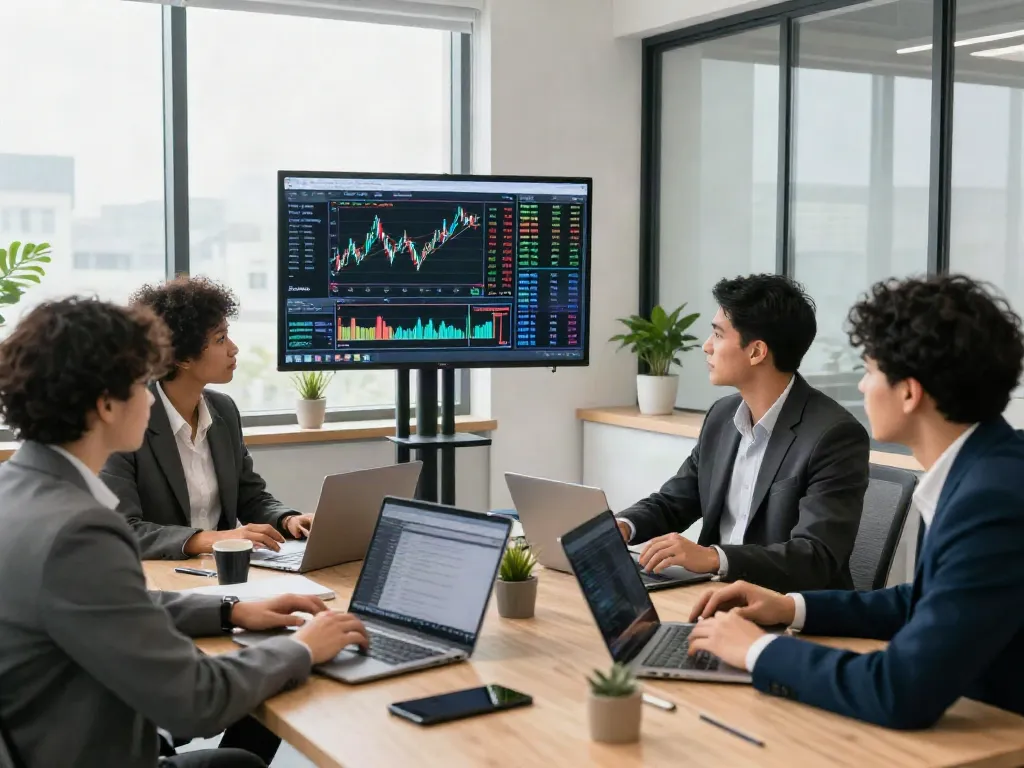 Réunion d'équipe dynamique discutant des stratégies de trading automatisé sur la plateforme la-essorinvexaro.com.